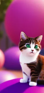 Cute cat with green eyes on a vibrant purple background.