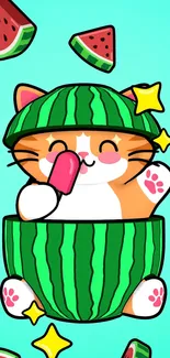 Cute cartoon cat with watermelon slices on bright background.