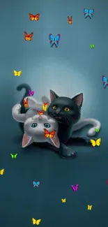 Two adorable cats with colorful butterflies on a blue background.