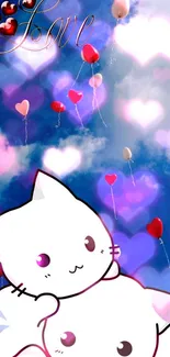 Cute white cats with heart balloons in a blue sky.