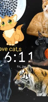 Mobile wallpaper with cute cats, moon, and tiger.