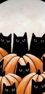 Adorable illustration of black cats with pumpkins under a full moon suitable for mobile wallpaper.