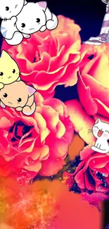 Cartoon cats with vibrant pink roses on a colorful background.