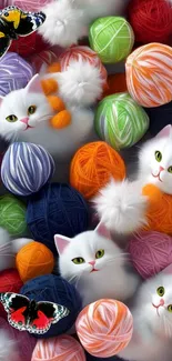 White cats with colorful yarn and butterflies create a joyful scene.