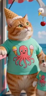 Adorable cats in t-shirts at ice cream shop.