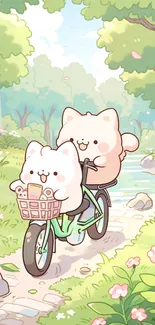 Adorable cartoon cats cycling through scenic nature.