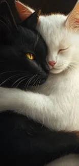 Sweet black and white cats hugging peacefully.