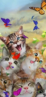 Cute cats in a vibrant garden with butterflies and flowers.