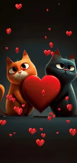 Two animated cats with a large red heart on a dark background.