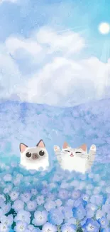 Two cute cartoon cats in a vibrant blue flower field under a sunny sky.