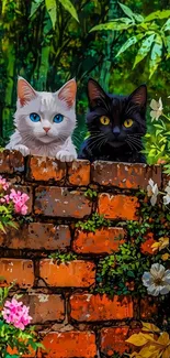 Two adorable cats on a brick wall surrounded by vibrant garden flowers.