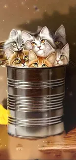 Five kittens peek from a metal bucket with a yellow chick.