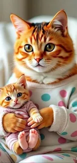 Cute cats in polka dot pajamas cuddle on a sofa.