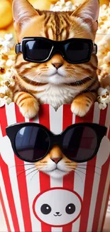 Two kittens with sunglasses in popcorn bucket.