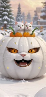 Two white cats in a snow pumpkin landscape.