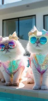 Two fluffy cats in sparkly outfits by the poolside.