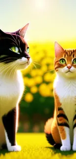 Two cute cats sit happily in a vibrant sunflower field.