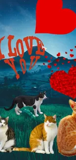 Cats with red hearts and 'I Love You' text on scenic background.