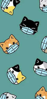 Cartoon cats with masks on teal background wallpaper.