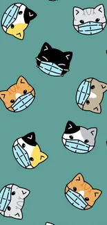 Cartoon cats wearing masks on a teal background wallpaper.