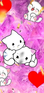 Three cute cartoon cats with red hearts on a purple crystal background.