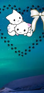 Cute cat wallpaper with stars and paw prints on teal sky.