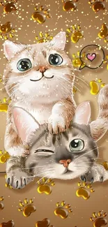 Two cute cartoon cats with paw prints on a light brown background.