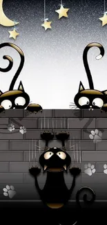 Cartoon cats climbing a wall under stars and moonlight.