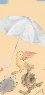 Cartoon cats under an umbrella on peach background.