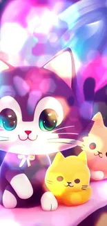 Bright cartoon cats with colorful bokeh in a vibrant mobile wallpaper.