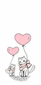 Illustration of two cats with pink heart balloons on a white background.