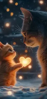 Two cats holding a glowing heart-shaped light at night.