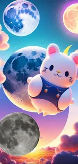 Whimsical fantasy phone wallpaper with a cute celestial cat and colorful moons.