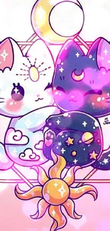 Cute celestial cats with moon and star designs on a colorful background.