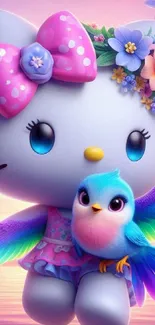 Cute character with floral decor and colorful bird