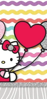 Cute character with heart balloons on a colorful wavy striped background.