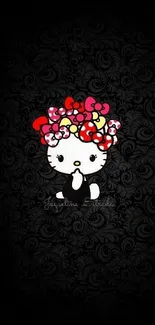 Cute character with bows on a dark ornate mobile wallpaper background.