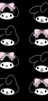 Cute black wallpaper with cartoon characters and pink bows.