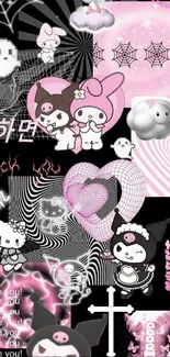 Kawaii character collage with pink and black theme featuring cute cartoon characters.