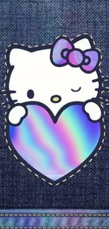 Cute character with a denim background and holographic heart wallpaper.