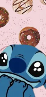 Charming blue cartoon character with donuts on a pink background.