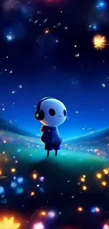 Cute character stands in a vibrant, starry night dreamscape, wearing headphones.