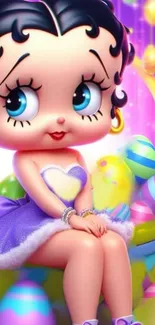 Cute cartoon character with Easter eggs and pastel purple theme.