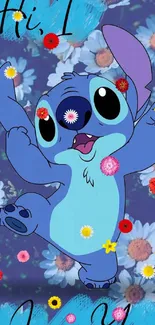 Cute character with blue flowers mobile wallpaper.