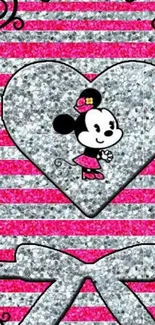 Cartoon character in pink glittery heart pattern wallpaper.