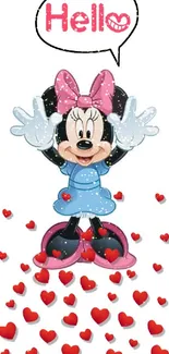 Adorable cartoon character with hearts and hello text.