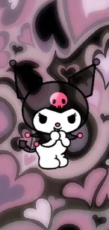 Cute animated character with pink and black hearts on wallpaper.