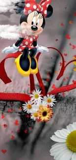 Cartoon character on heart with flowers, creating a vibrant and fun wallpaper design.