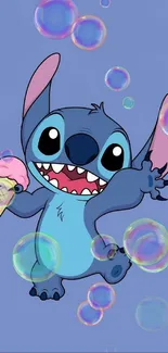 Cute blue character with ice cream cone on blue background.