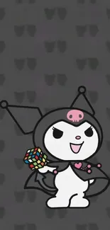 Cute cartoon character with Rubik's cube on dark background.